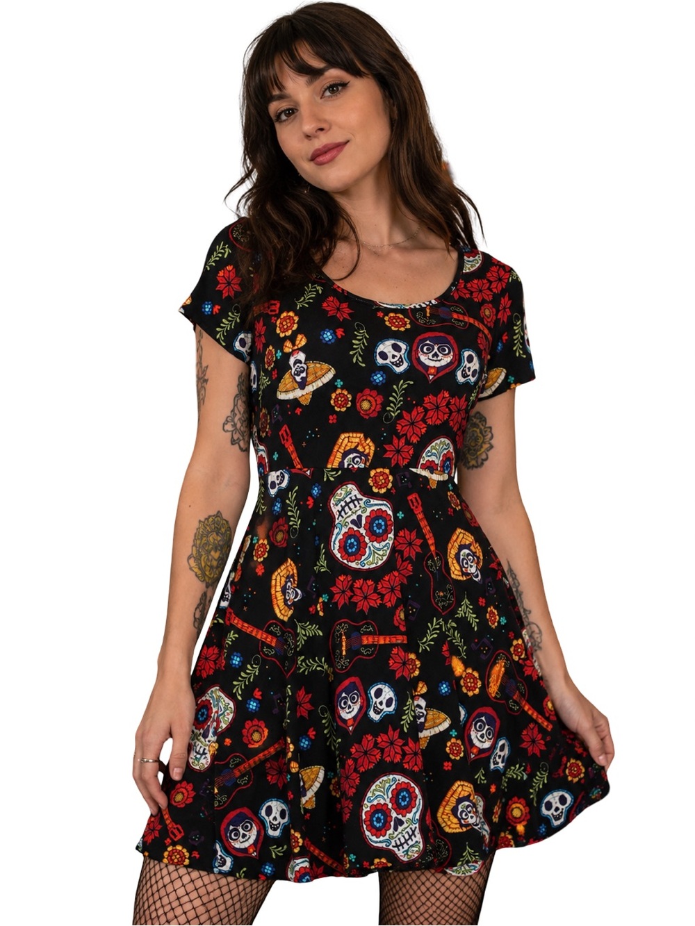 Hot Topic Disney Pixar Coco Lace Back Skater Dress Sugar Skull Floral Black XL